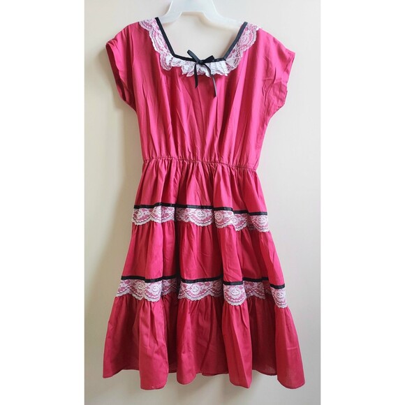 Vintage 70s Ladies Fusia Ruffles & Lace SS Square Dance Rockabilly Dress Size 14 - Picture 1 of 8